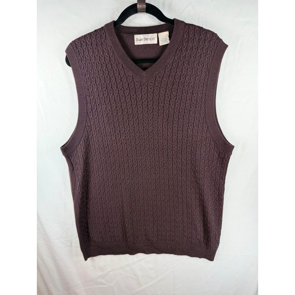 Barry Bricken Mens Brown‎ 100% Silk Cable Knit V-Neck Sweater Vest Size Large